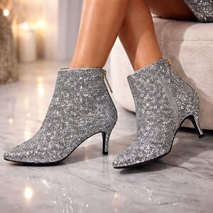 Silver Glitter Ankle Boots Pointed Toe Kitten Heel Zip Women’s Size 8